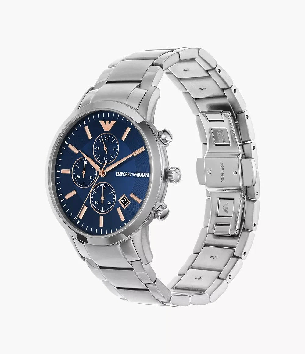 Emporio Armani Mens Ar11458 Rose Gold Tone Stainless Steel And Blue Leather Watch