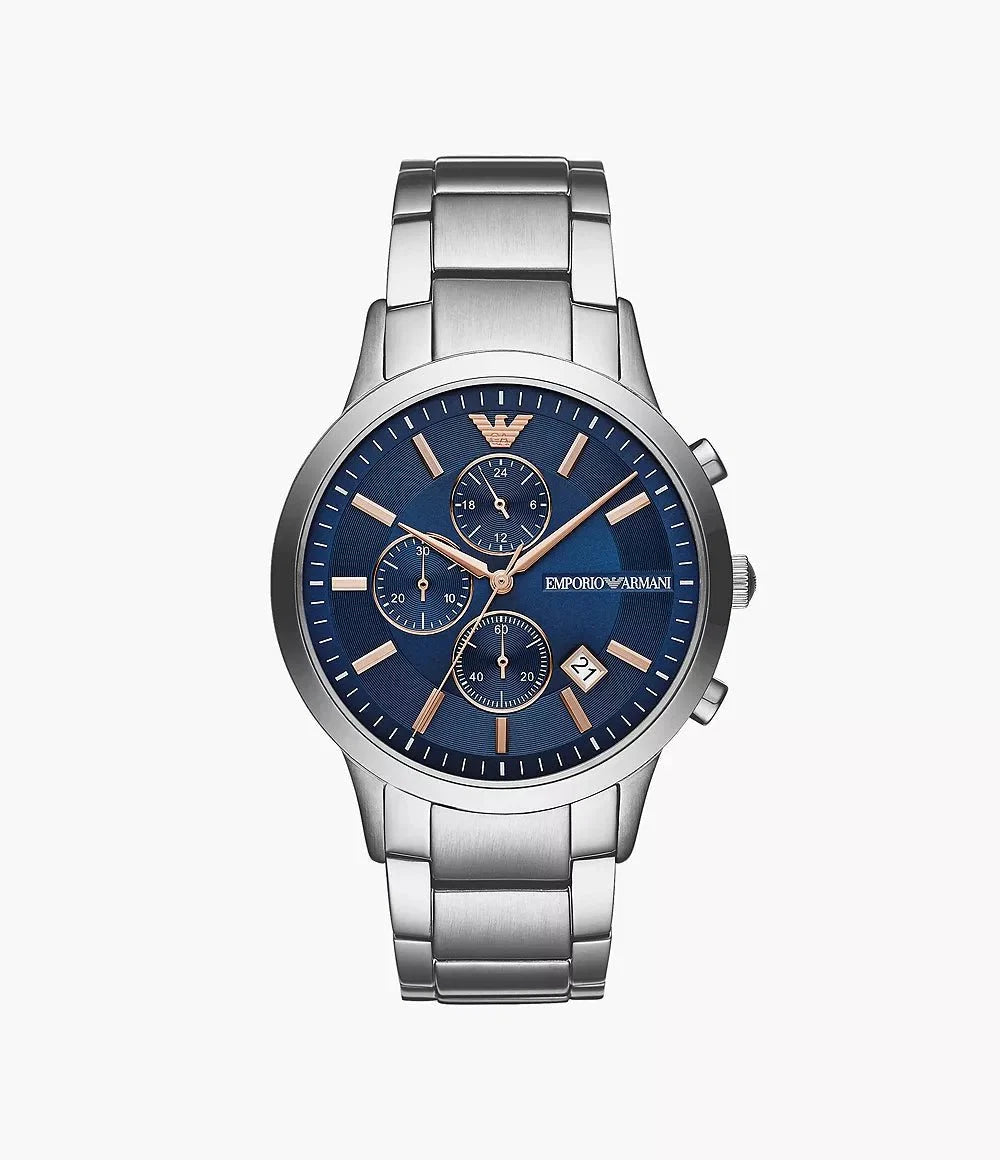 Emporio Armani Mens Ar11458 Rose Gold Tone Stainless Steel And Blue Leather Watch