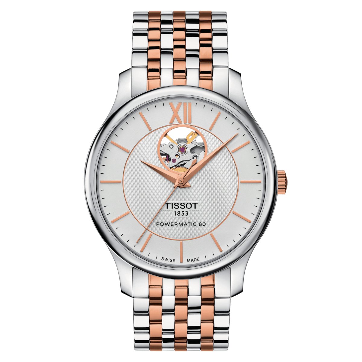 Tissot Mens Watch Tradition Powermatic 80 Open Heart Rose Silver T0639072203801