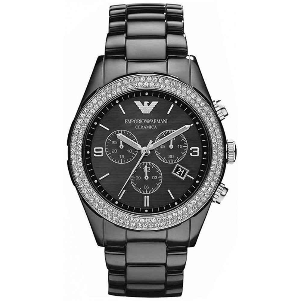 Emporio Armani Ar1455 Ladies Chronograph Ceramica Crystal Black Watch