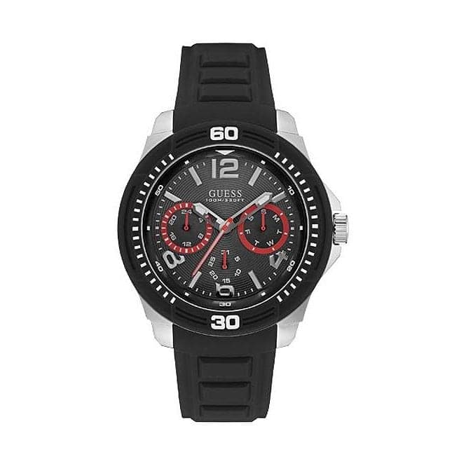 Guess Watches Guess Gents Silver Watch Black Multifunctional Dial And Black Silicone Strap W0967g1