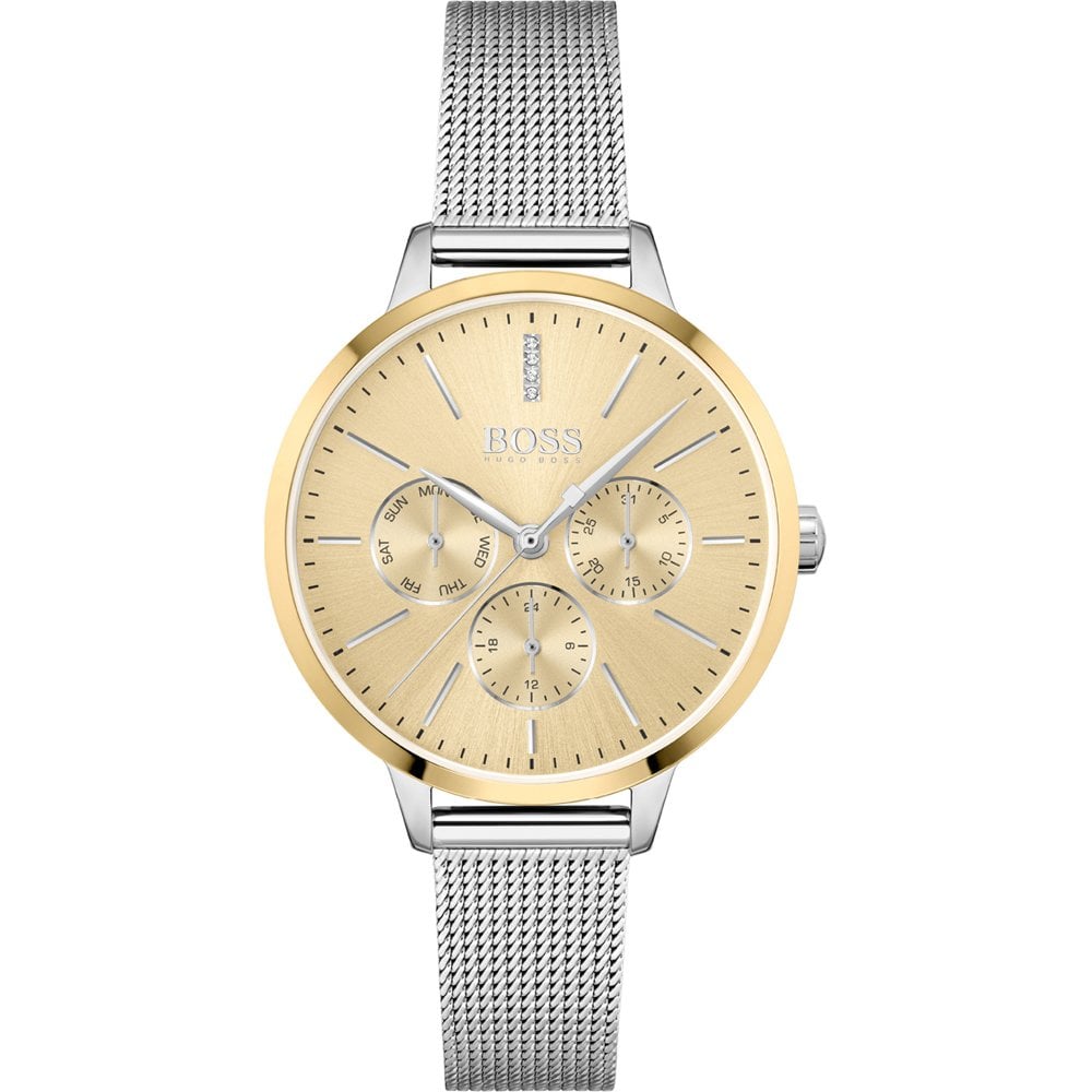 Hugo Boss Womens 1502600 Symphony Gold Tone And Silver Mesh Bracelet Watch