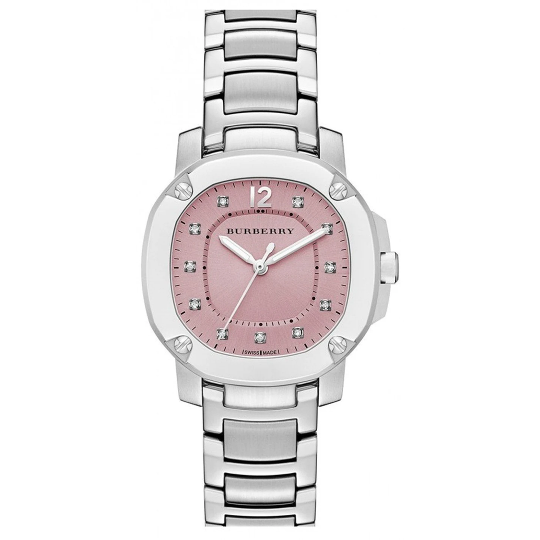Burberry The Britain Diamonds Pink Dial Silver Steel Strap Watch For Women Bby1805