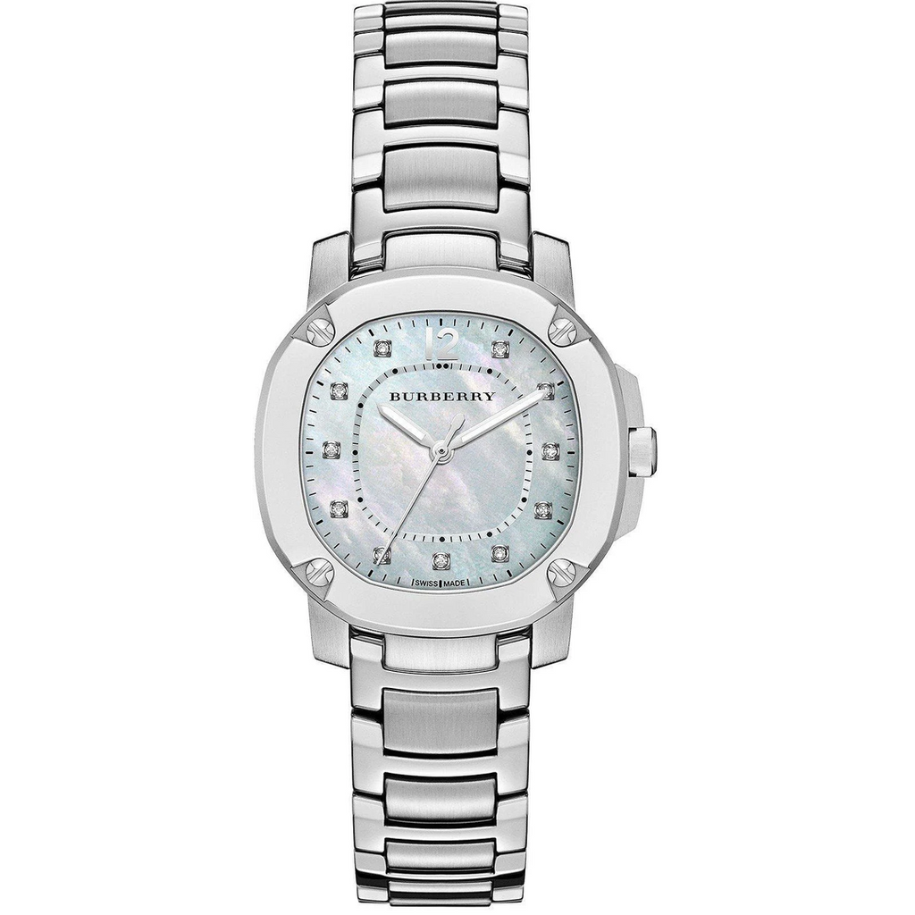 Burberry The Britain Diamonds Mother Of Pearl Dial Silver Steel Strap Watch For Women Bby1804