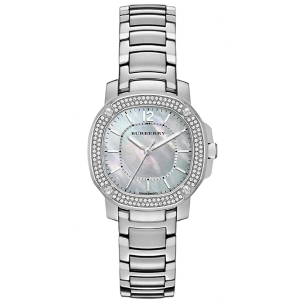 Burberry The Britain Diamonds Mother Of Pearl Dial Silver Steel Strap Watch For Women Bby1801